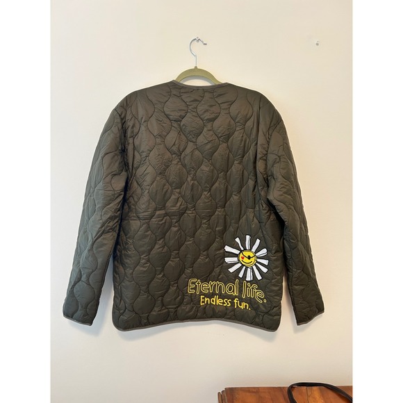 FIRST ROW Quilted Jacket Olive Green Cloud Sun Patches Embroidered Button Up L - Picture 4 of 5